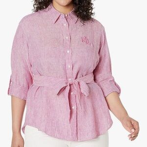 Ralph Lauren  Linen Pink Striped Button Down Shirt